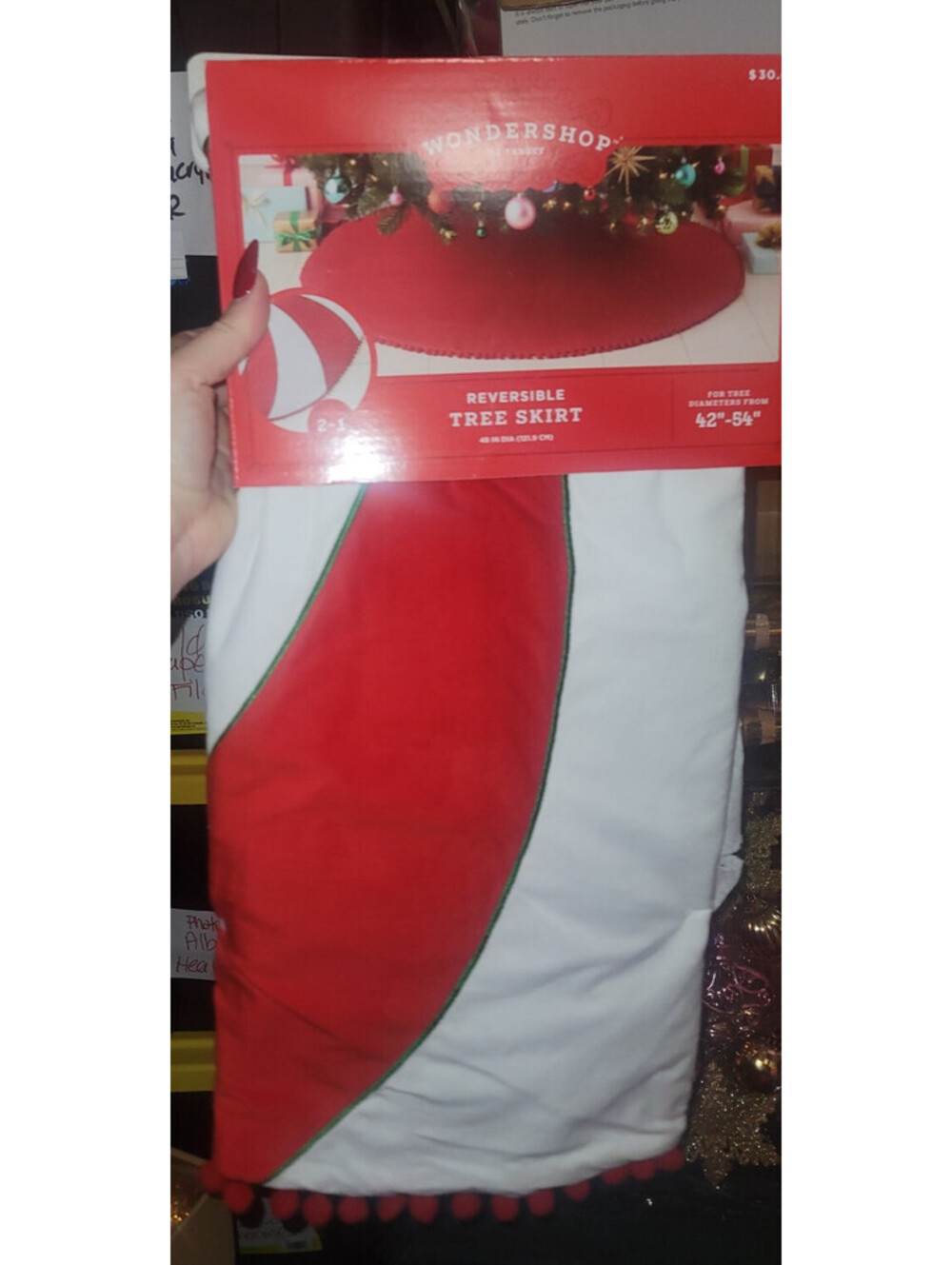 WONDERSHOP REVERSIBLE CHRISTMAS TREE SKIRT RED WHITE GREEN PEPPERMINT 42"- 54"